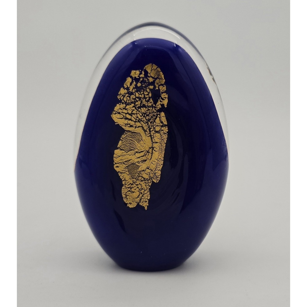 Fire Fly Studios Dark Blue Blown Glass Paperweight With Gold Leaf